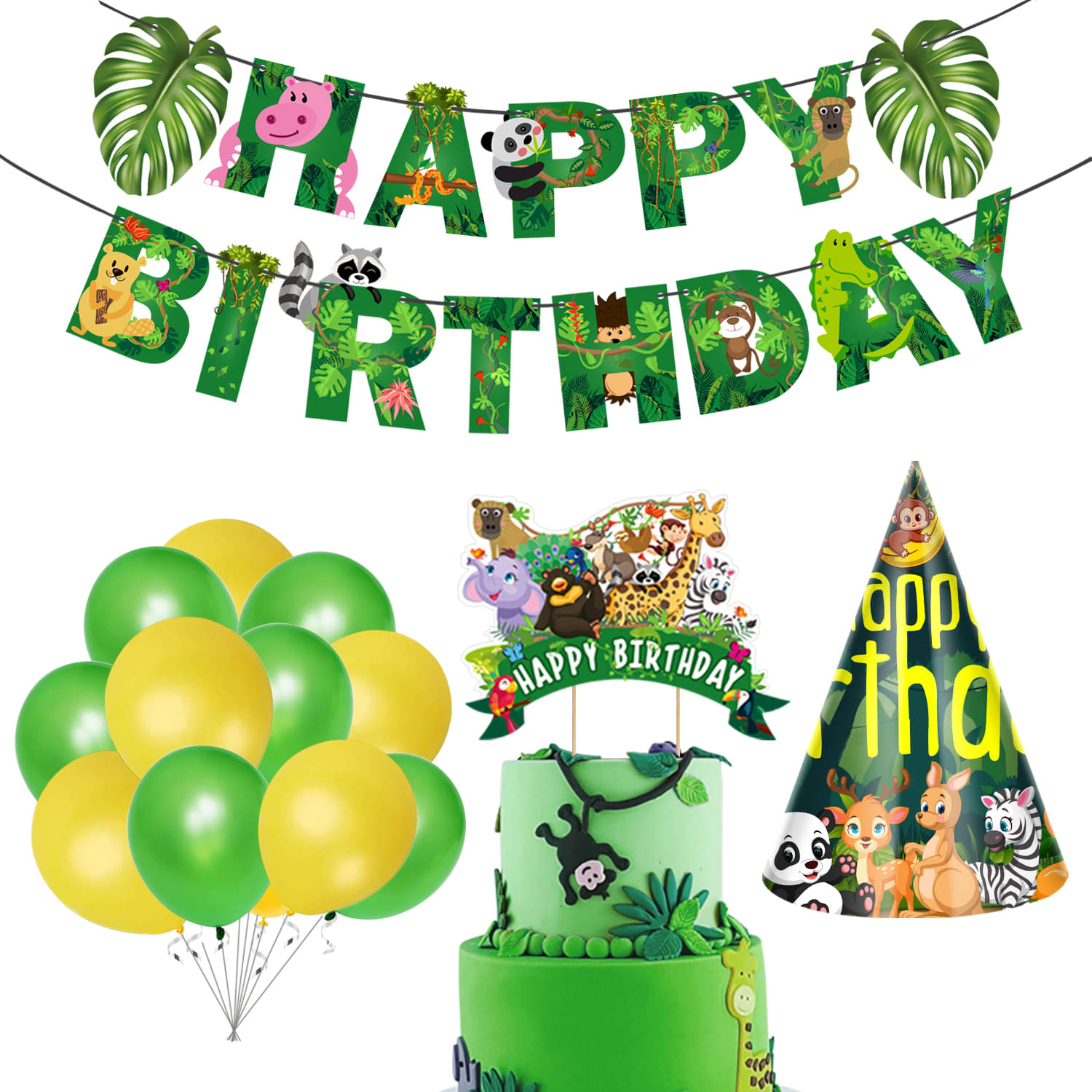     			Zyozi Jungle Safari Happy Birthday Decoration Kids,Animal Birthday Banner with Latex Balloon, Cake Topper and Birthday Cap for Boy Birthday 1st 2nd 3rd 16th 18th 21st (Pack of 28)