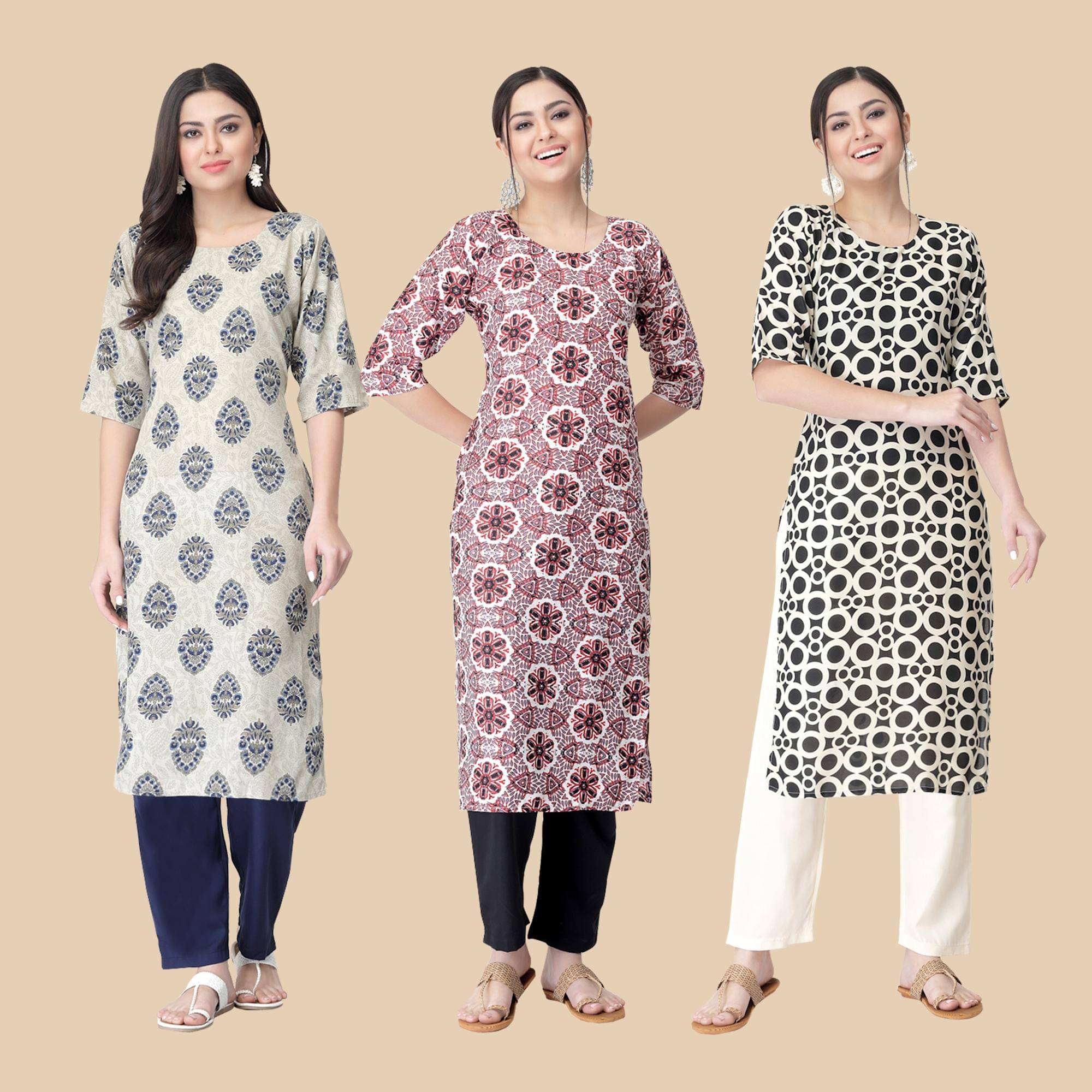 1 Stop Fashion - Multicolor Crepe Women's Straight Kurti ( Pack of 3 )     			1 Stop Fashion - Multicolor Crepe Women's Straight Kurti ( Pack of 3 )