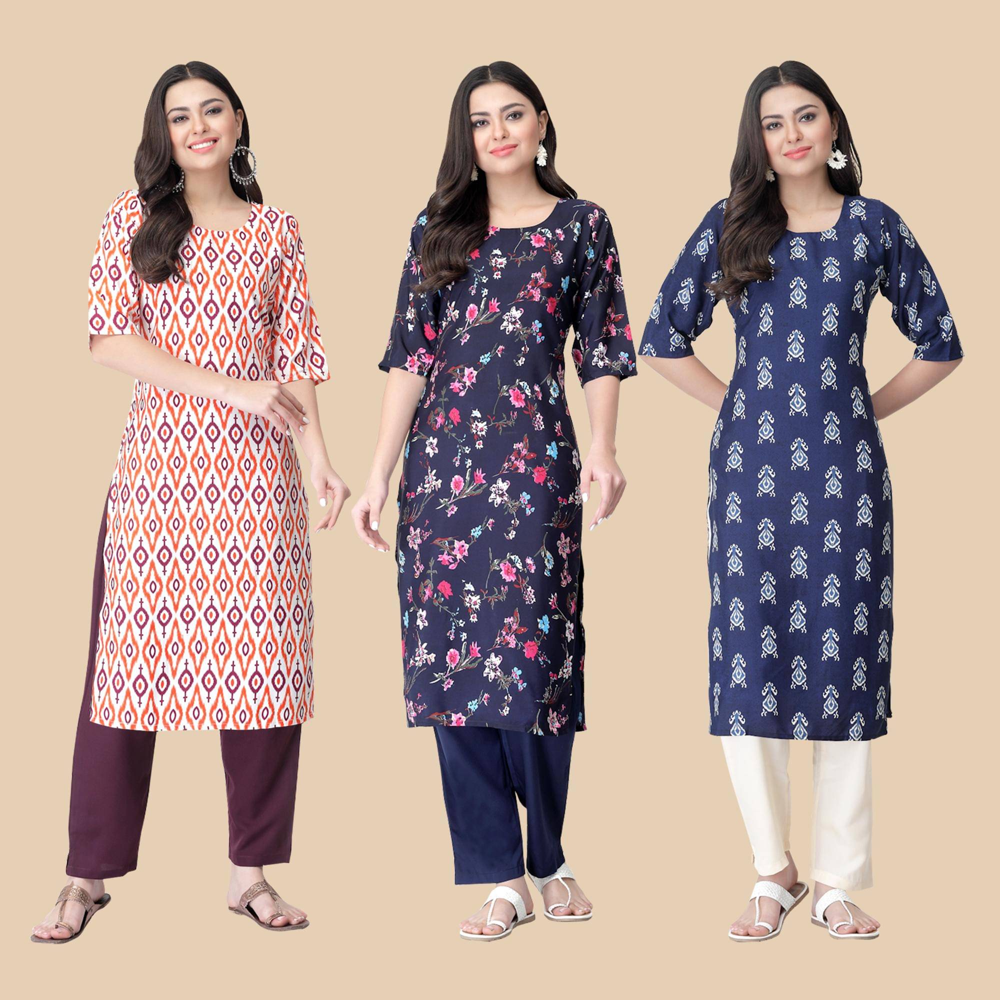 1 Stop Fashion - Multicolor Crepe Women's Straight Kurti ( Pack of 3 ) 1 Stop Fashion - Multicolor Crepe Women's Straight Kurti ( Pack of 3 )