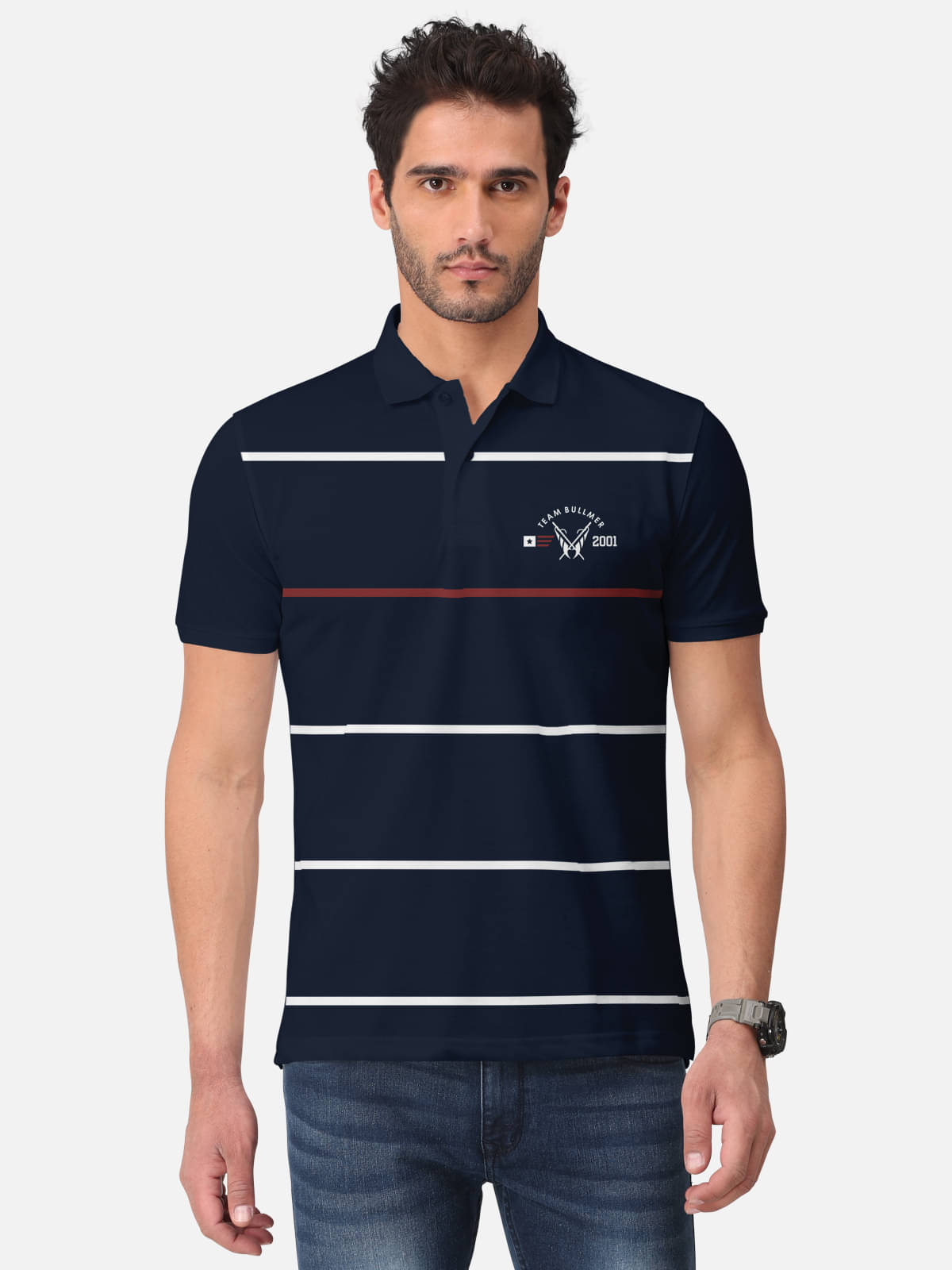 BULLMER Pack of 1 Cotton Blend Regular Fit Striped Half Sleeves Men's Polo T Shirt ( Navy Blue ) BULLMER Pack of 1 Cotton Blend Regular Fit Striped Half Sleeves Men's Polo T Shirt ( Navy Blue )