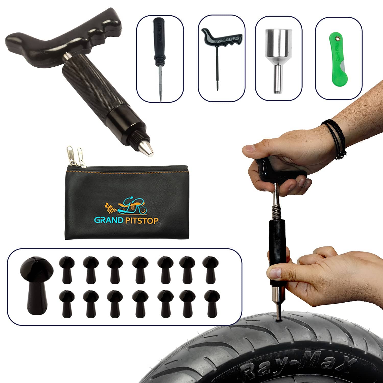 GrandPitstop Tubeless Tire Puncture Repair Kit for Motorcycle and Cars with 15 Mushroom Plugs