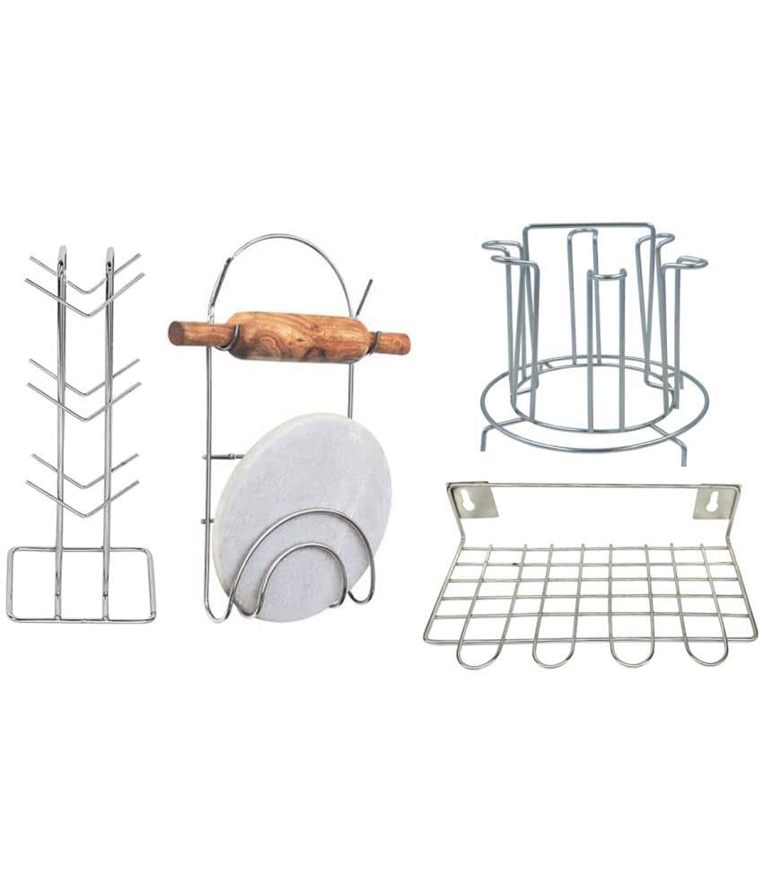 JISUN - Silver Stainless Steel Dish Racks ( Pack of 4 )