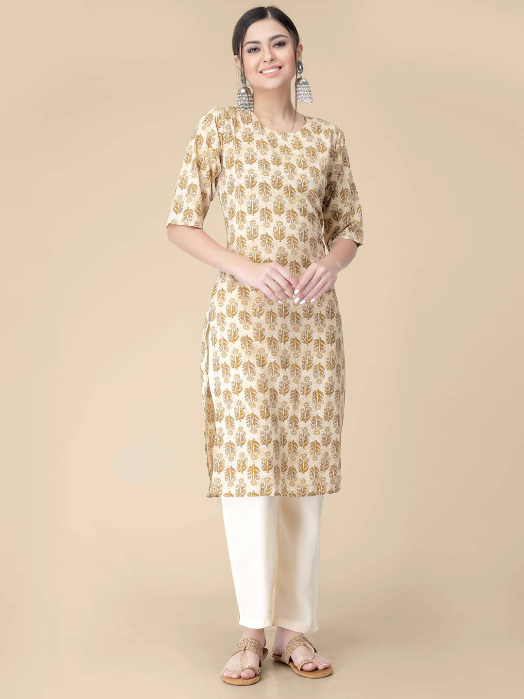 1 Stop Fashion - Gold Crepe Women's Straight Kurti ( Pack of 1 ) 1 Stop Fashion - Gold Crepe Women's Straight Kurti ( Pack of 1 )