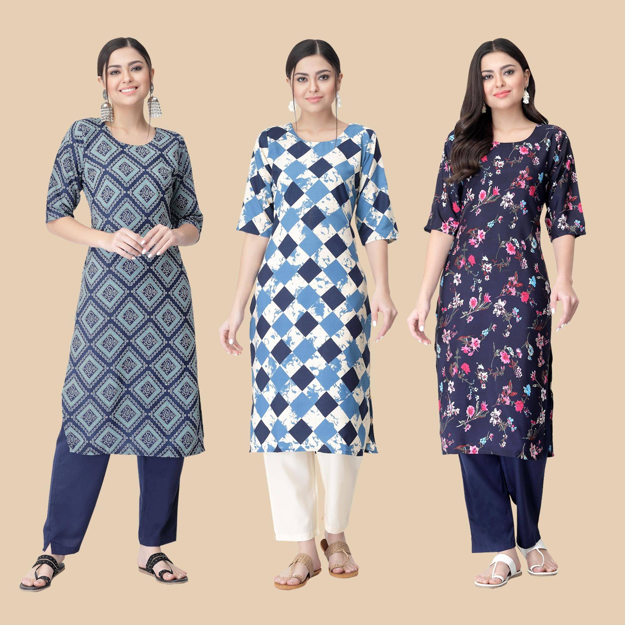 1 Stop Fashion - Multicolor Crepe Women's Straight Kurti ( Pack of 3 )     			1 Stop Fashion - Multicolor Crepe Women's Straight Kurti ( Pack of 3 )