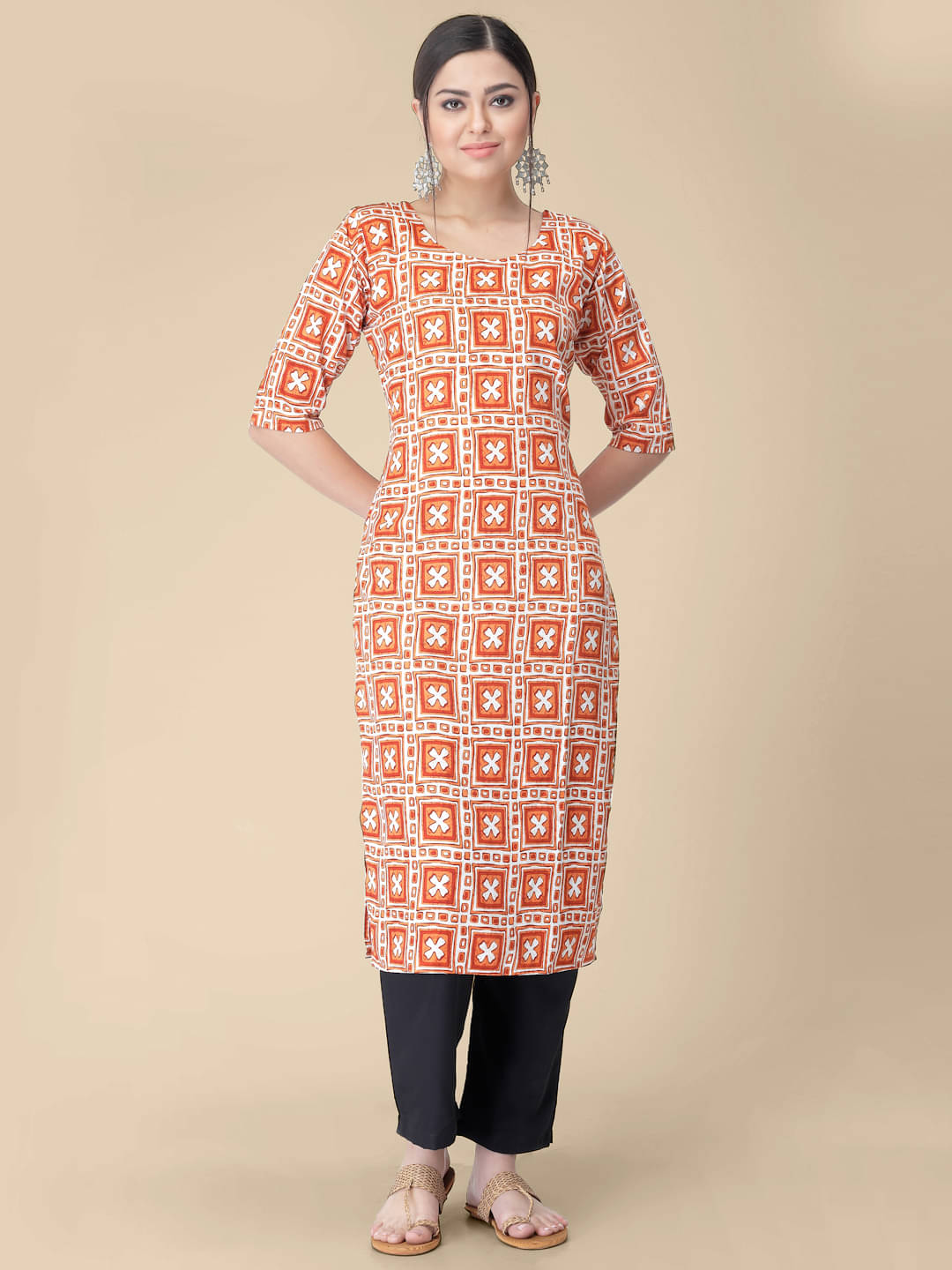     			1 Stop Fashion - Orange Crepe Women's Straight Kurti ( Pack of 1 )
