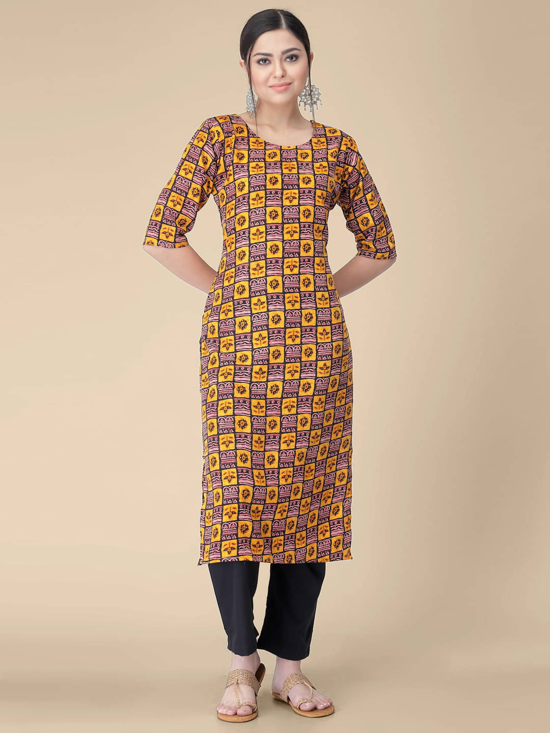     			1 Stop Fashion - Yellow Crepe Women's Straight Kurti ( Pack of 1 )