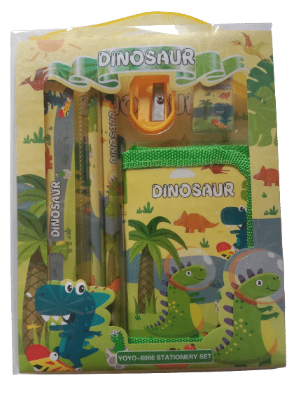     			2333 YESKART -6PC  GREEN DINOSAUR  STATIONERY SET( PACK OF 1) The set includes  two pencils, 1eraser, 1 sharpener , 1 WALLET. and a Scale  all printed with your favourite characters. Just unpackaged your stationery set, &  Start home work