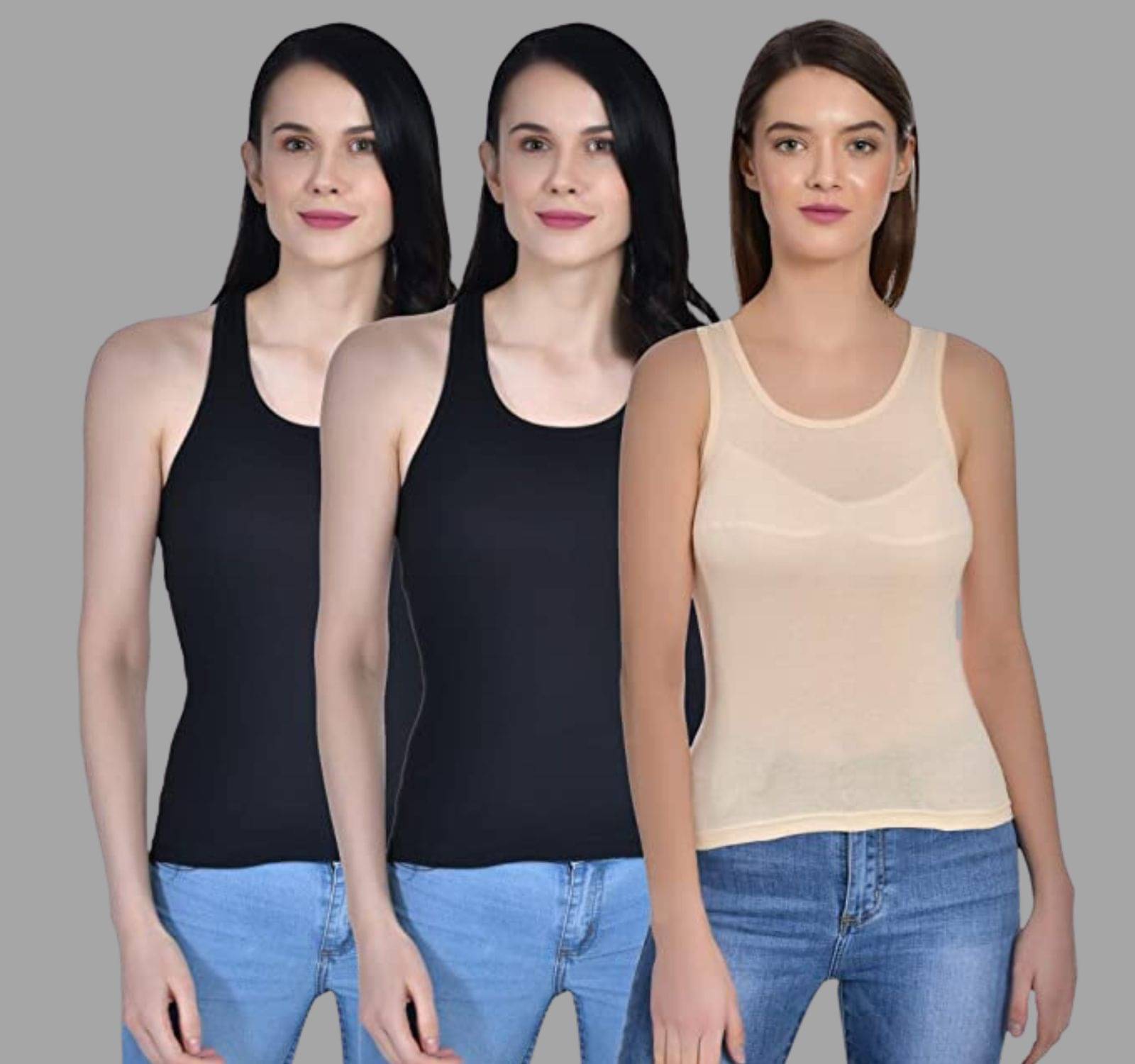     			AIMLY Cotton Camisoles - Black Pack of 3