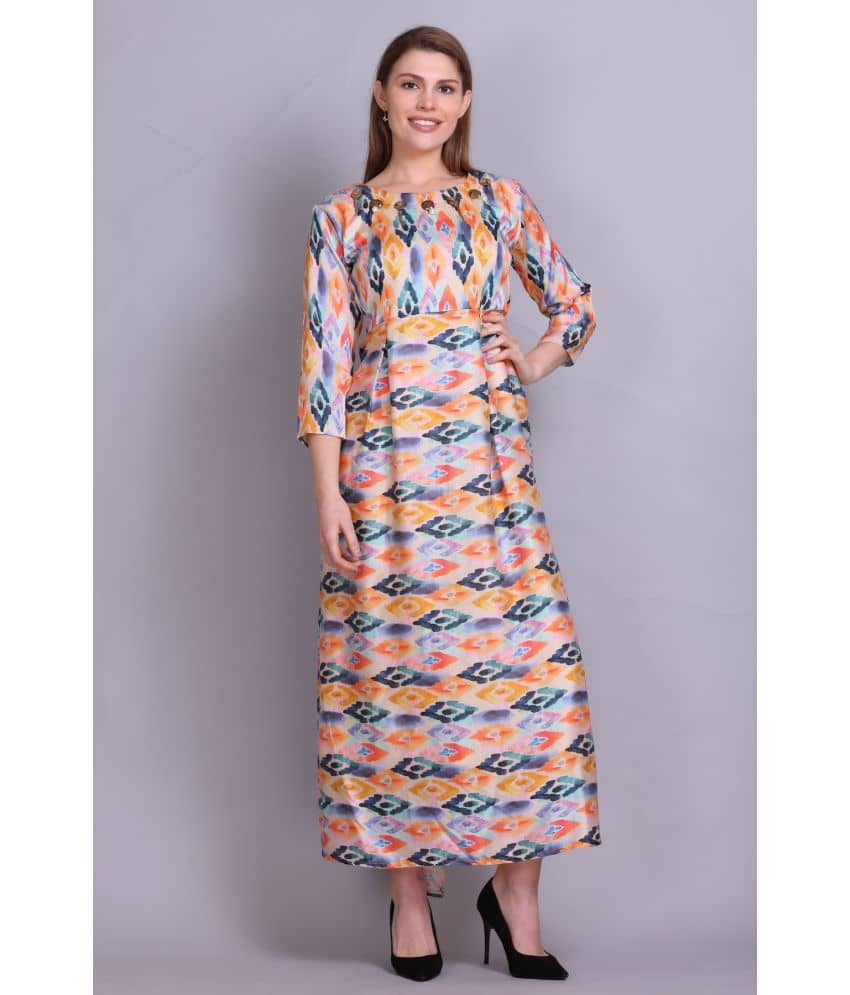 ELTHIA Women Silk Printed Fit & Flare Dress ( Beige )