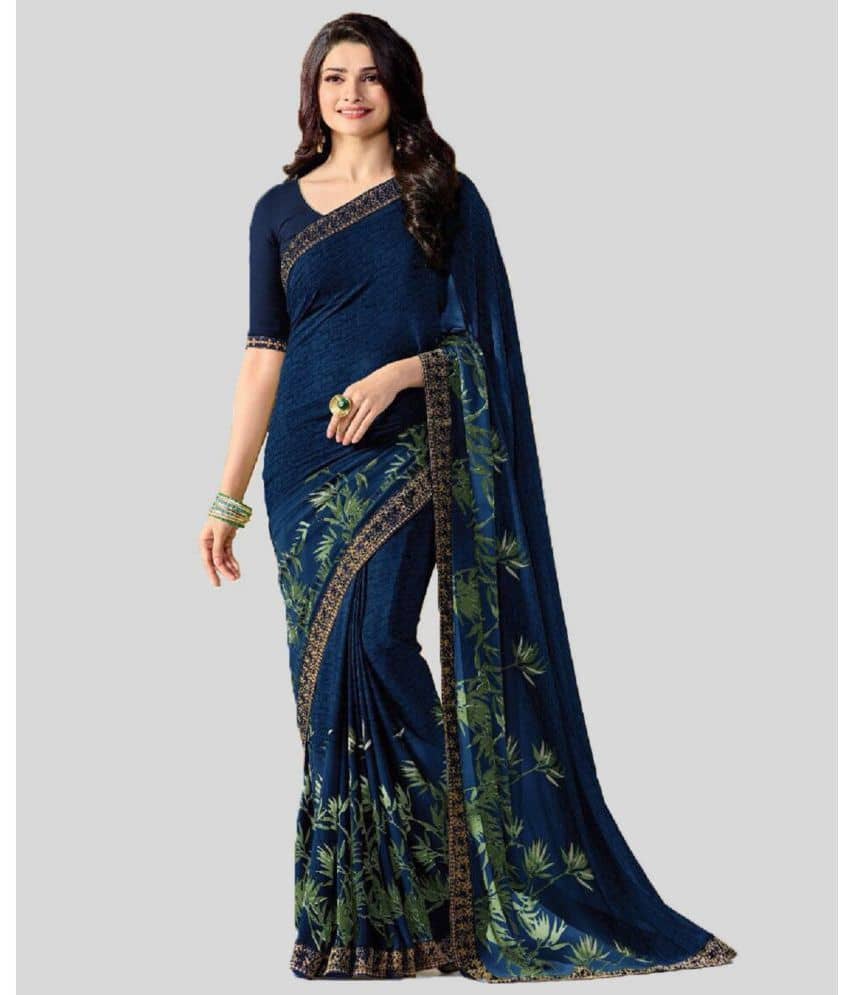 Gazal Fashions Georgette Printed Saree With Unstitched Blouse Piece ( Blue ) - Sarees | Buy online on ZillyBuy