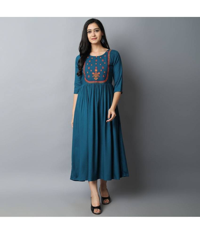 KRISKA - Blue Rayon Women's A-line Kurti ( Pack of 1 )     			KRISKA - Blue Rayon Women's A-line Kurti ( Pack of 1 )