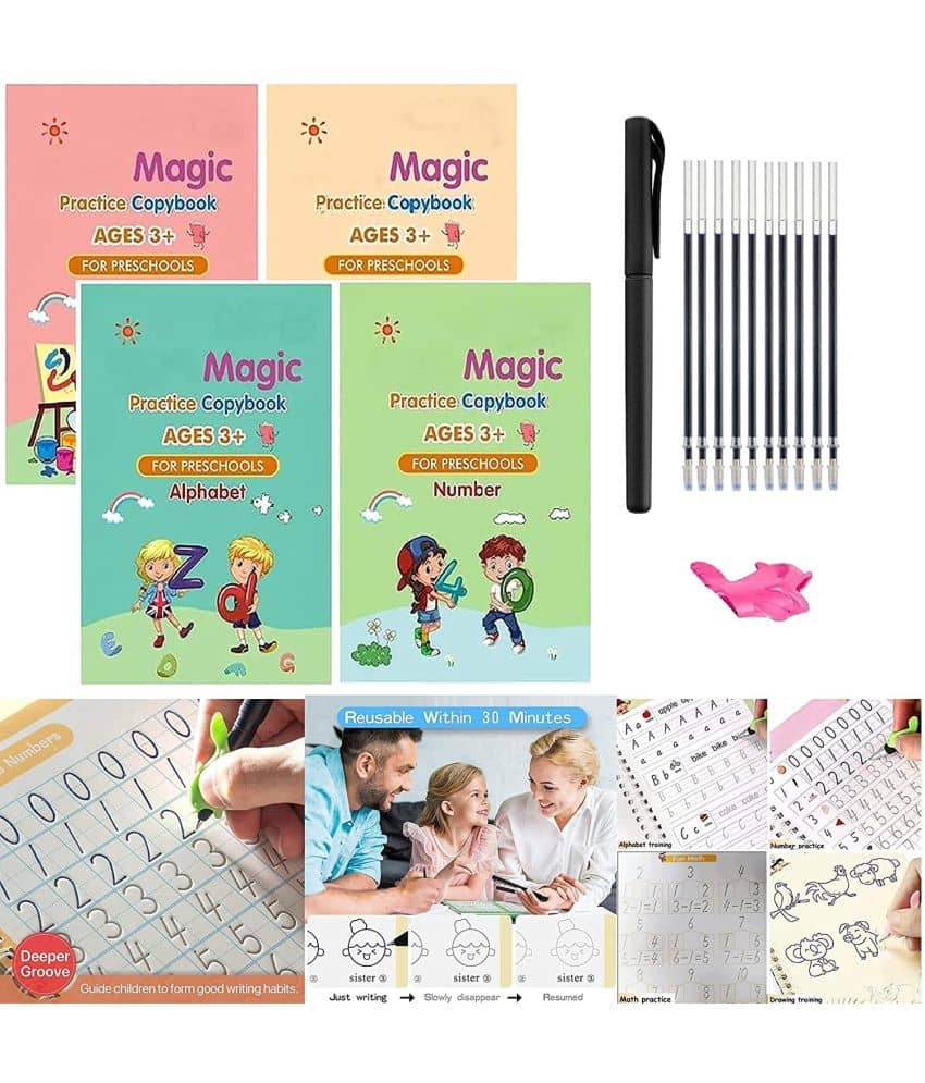 Sank Magic Practice Copybook, (4 BOOK + 10 REFILL+ 1 Pen + 1 Grip) magic book for kids - magic book, magic practice book