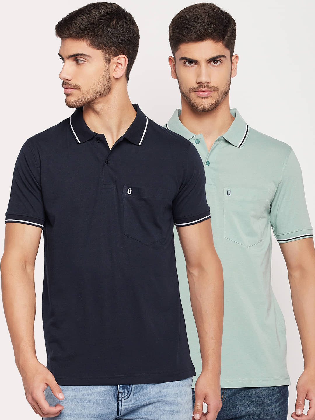 UNIBERRY Pack of 2 Cotton Blend Regular Fit Solid Half Sleeves Men's Polo T Shirt ( Navy )