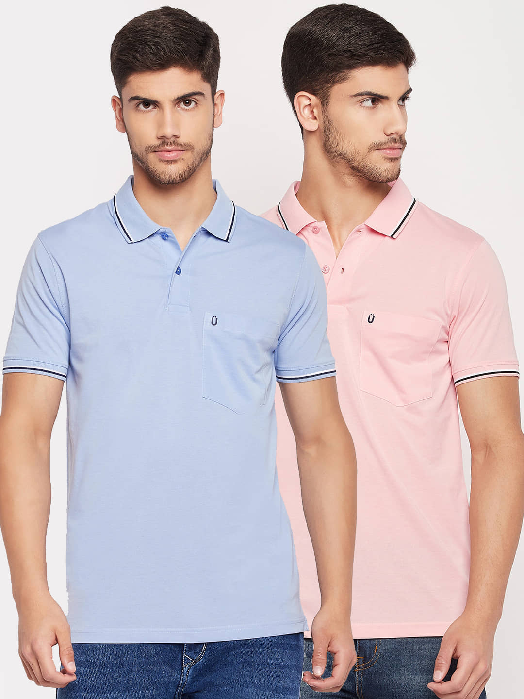 UNIBERRY Pack of 2 Cotton Blend Regular Fit Solid Half Sleeves Men's Polo T Shirt ( Sky Blue )