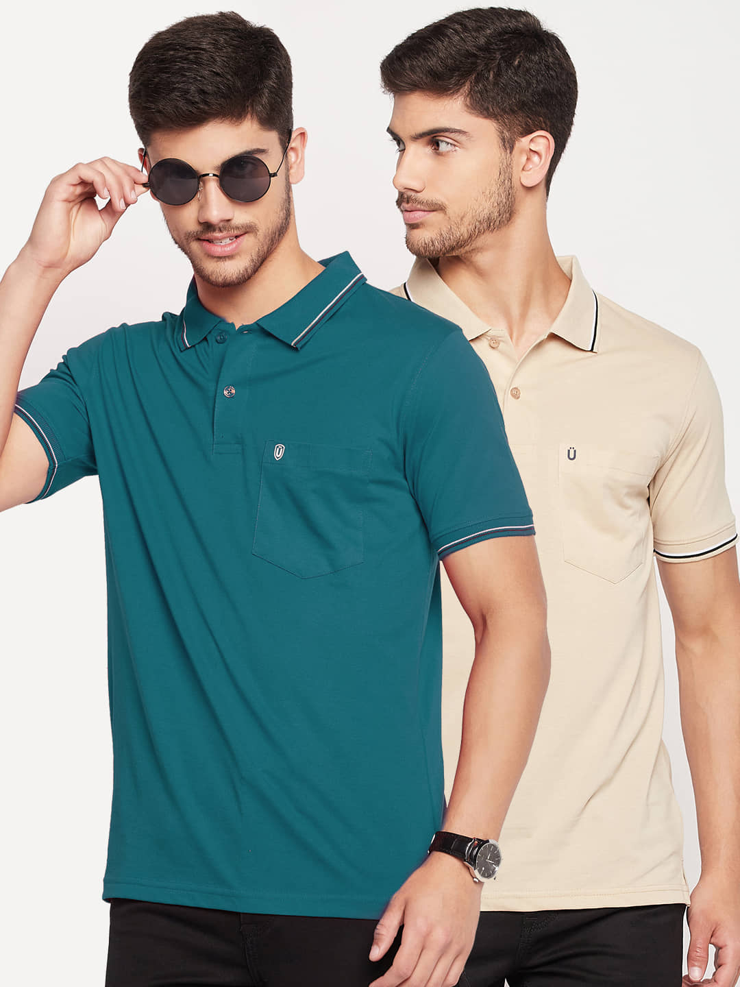 UNIBERRY Pack of 2 Cotton Blend Regular Fit Solid Half Sleeves Men's Polo T Shirt ( Teal Blue )
