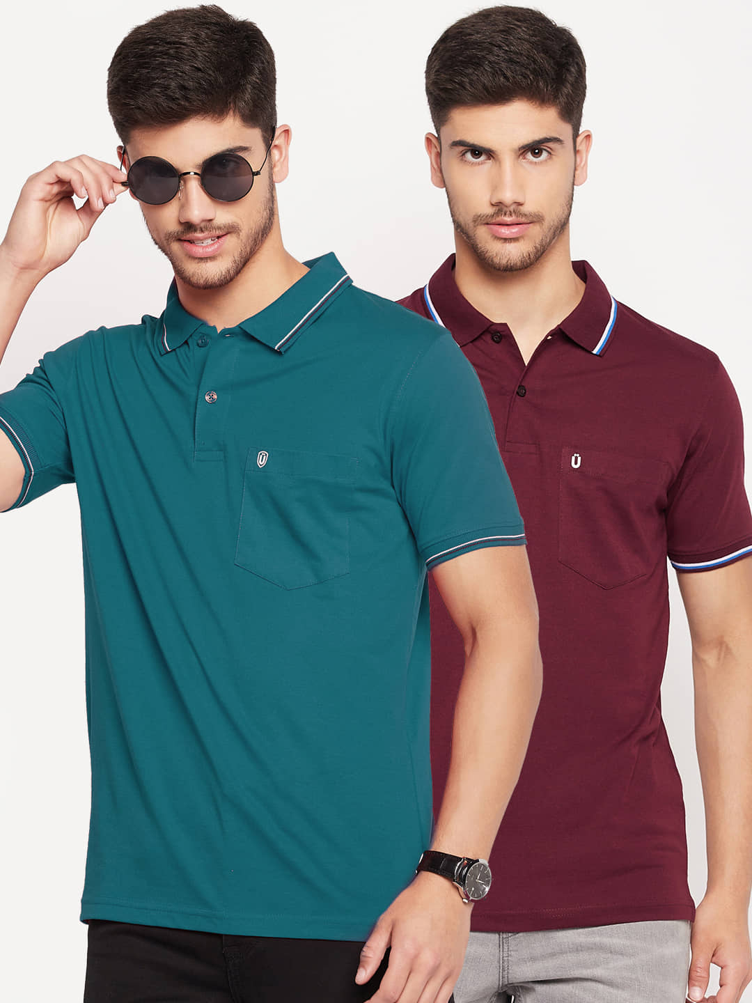 UNIBERRY Pack of 2 Cotton Blend Regular Fit Solid Half Sleeves Men's Polo T Shirt ( Teal Blue )