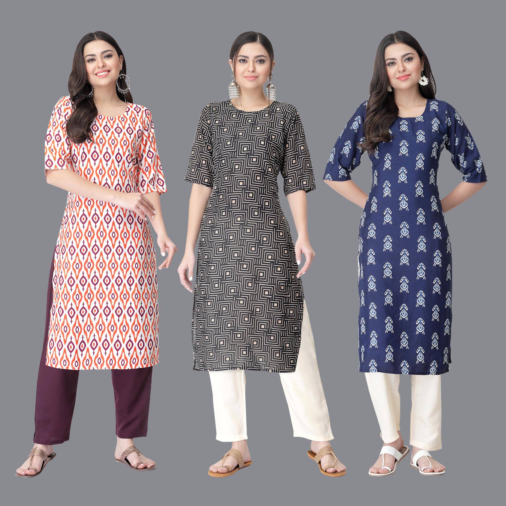 Etnicbasket - Multicolor Crepe Women's Straight Kurti ( Pack of 3 ) Etnicbasket - Multicolor Crepe Women's Straight Kurti ( Pack of 3 )