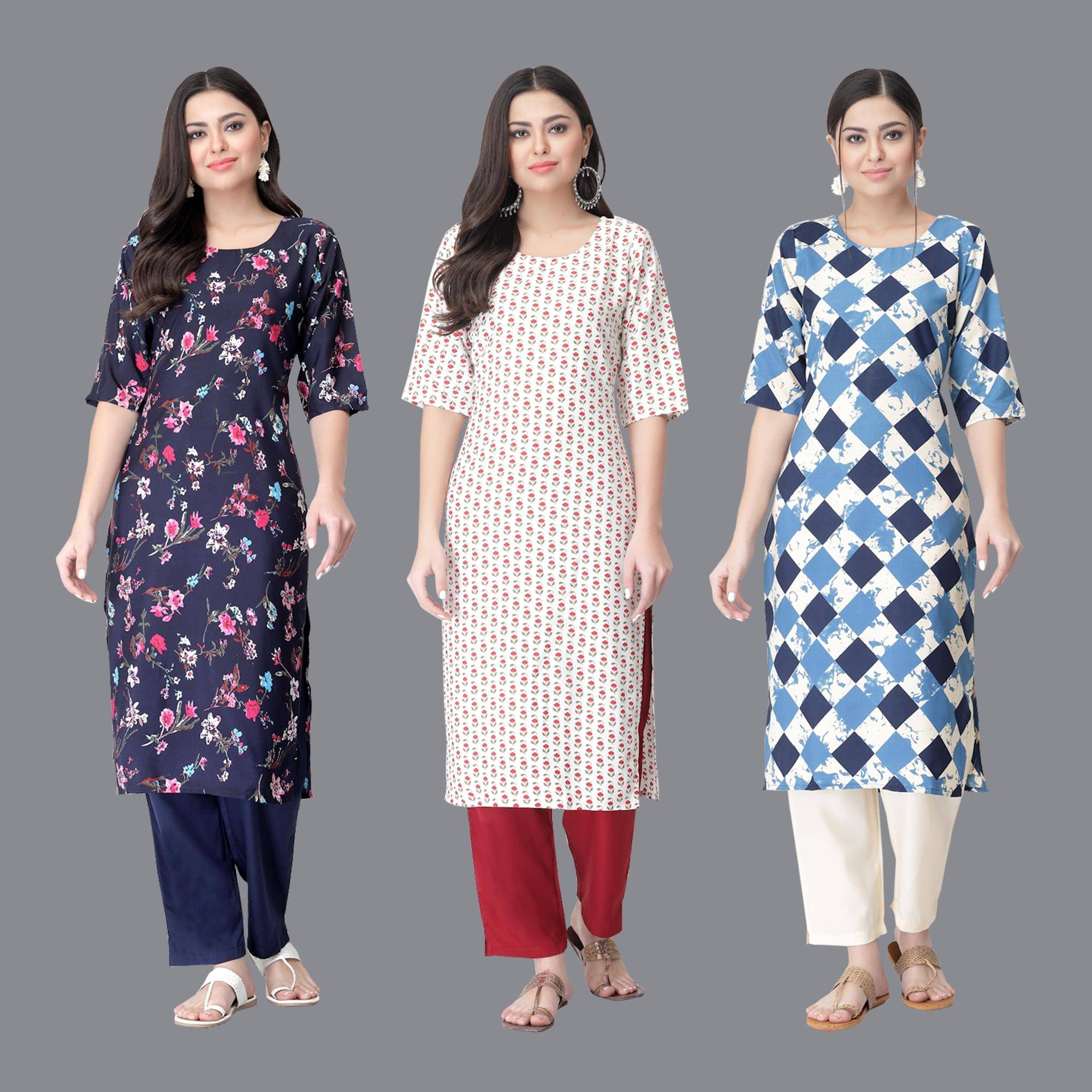 Etnicbasket - Multicolor Crepe Women's Straight Kurti ( Pack of 3 ) Etnicbasket - Multicolor Crepe Women's Straight Kurti ( Pack of 3 )