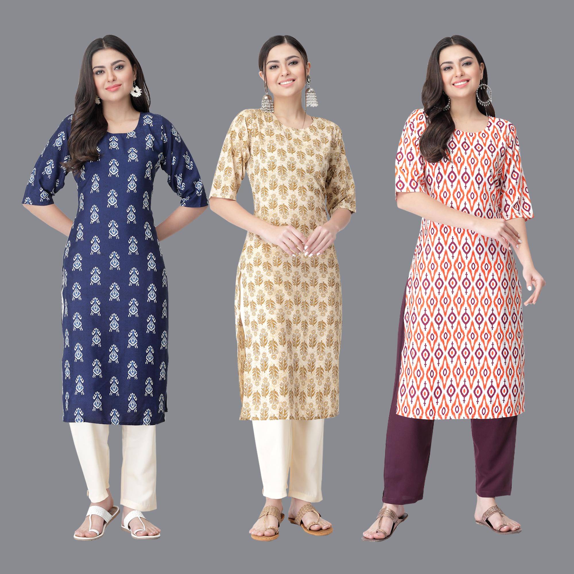 Etnicbasket - Multicolor Crepe Women's Straight Kurti ( Pack of 3 ) Etnicbasket - Multicolor Crepe Women's Straight Kurti ( Pack of 3 )