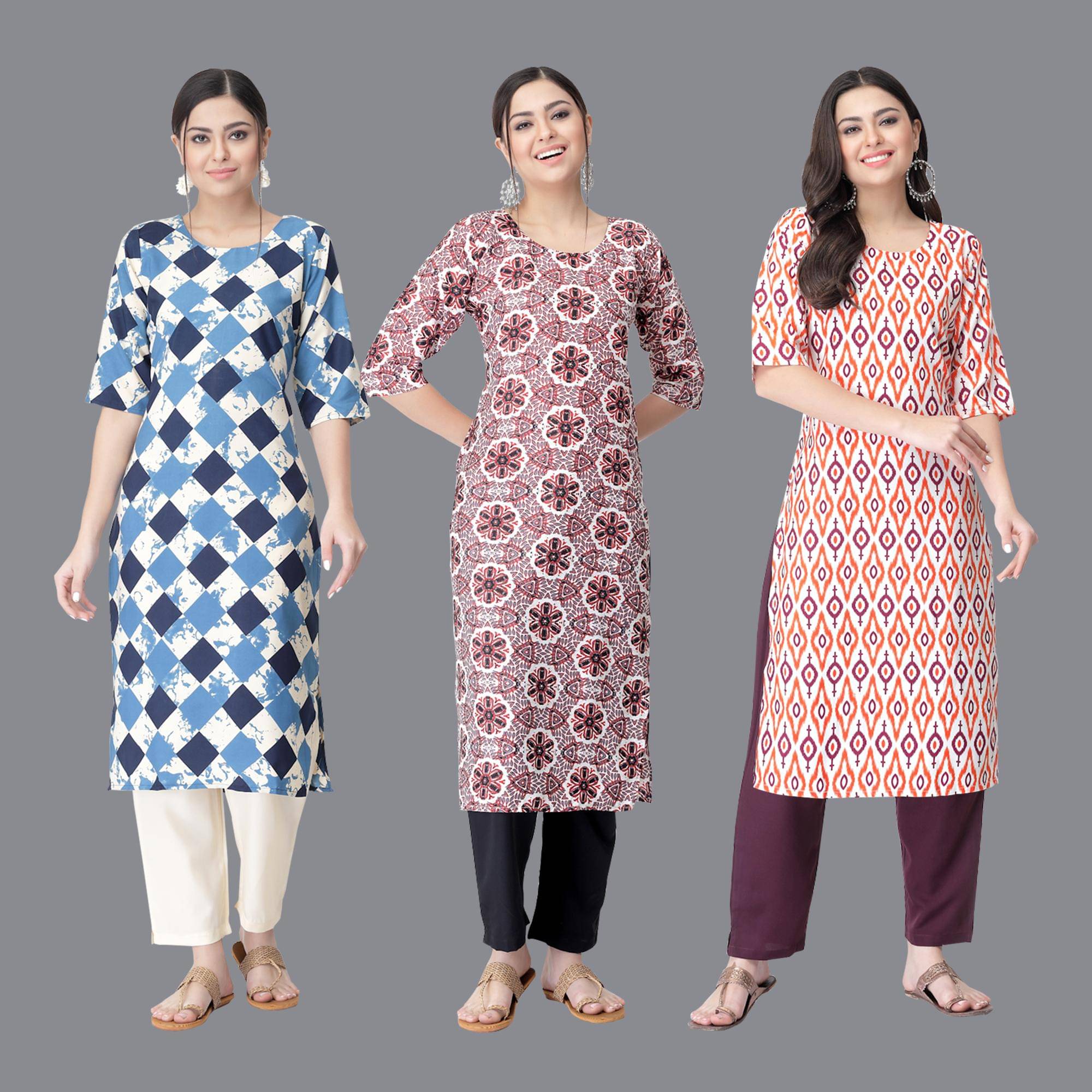 Etnicbasket - Multicolor Crepe Women's Straight Kurti ( Pack of 3 ) Etnicbasket - Multicolor Crepe Women's Straight Kurti ( Pack of 3 )