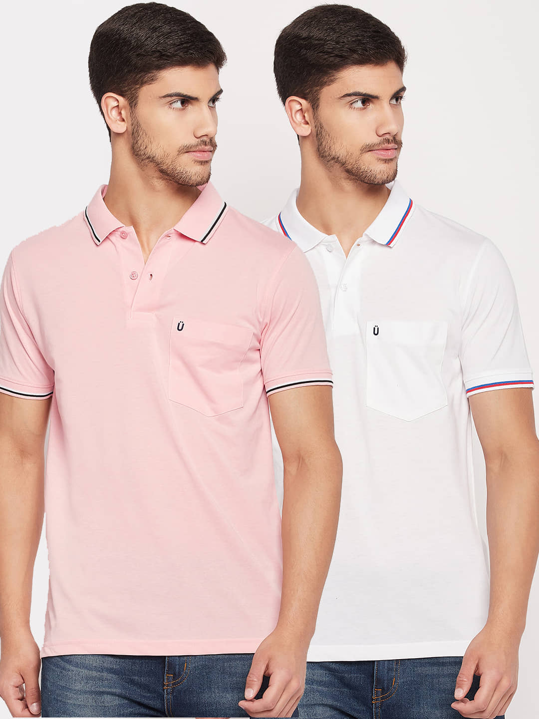 UNIBERRY Pack of 2 Cotton Blend Regular Fit Solid Half Sleeves Men's Polo T Shirt ( Pink )
