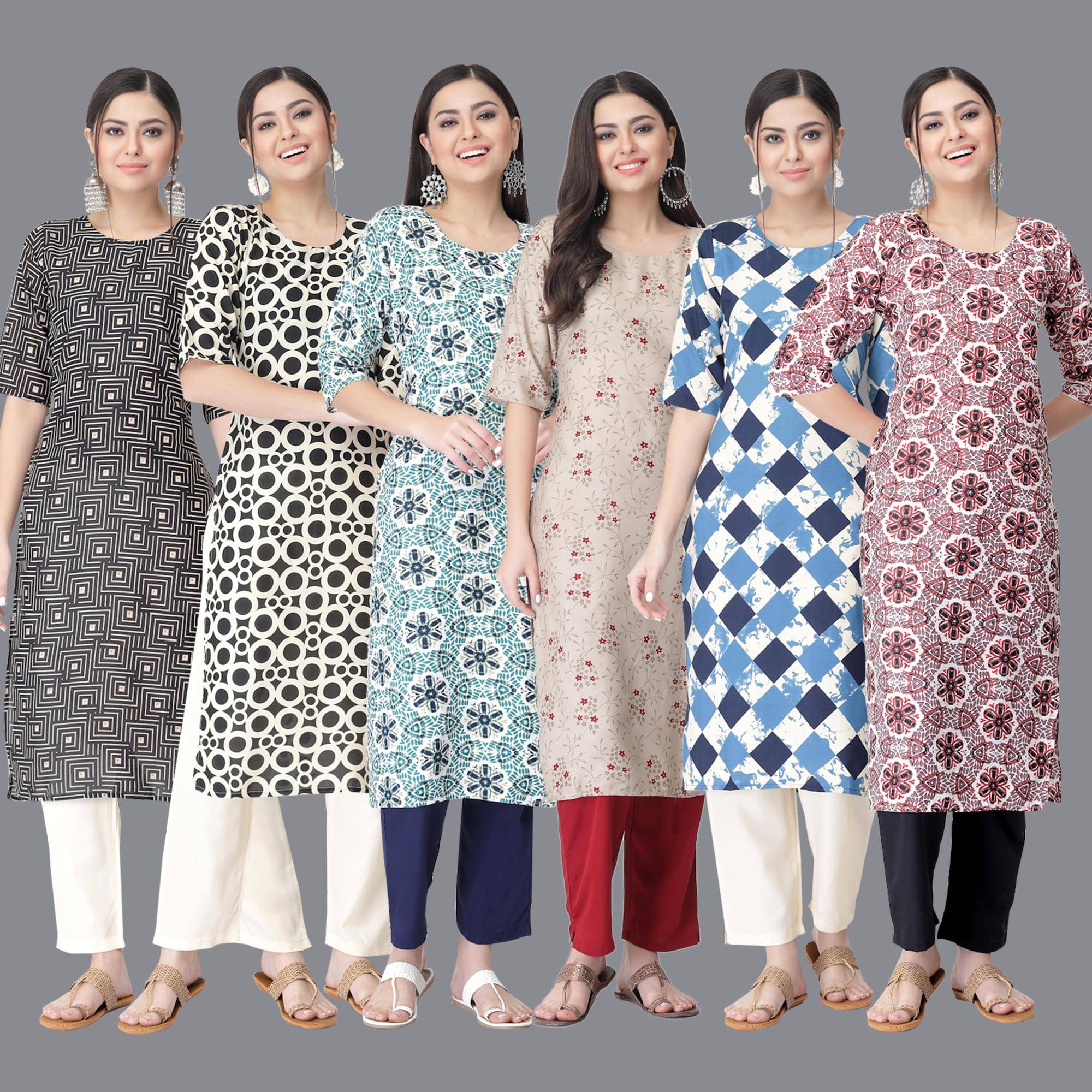 Ethnicbasket - Multicolor Crepe Women's Straight Kurti ( Pack of 6 ) Ethnicbasket - Multicolor Crepe Women's Straight Kurti ( Pack of 6 )