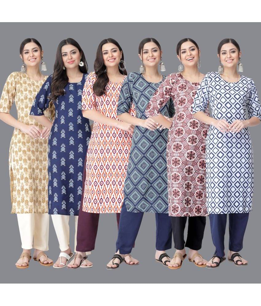 Ethnicbasket - Multicolor Crepe Women's Straight Kurti ( Pack of 6 ) Ethnicbasket - Multicolor Crepe Women's Straight Kurti ( Pack of 6 )