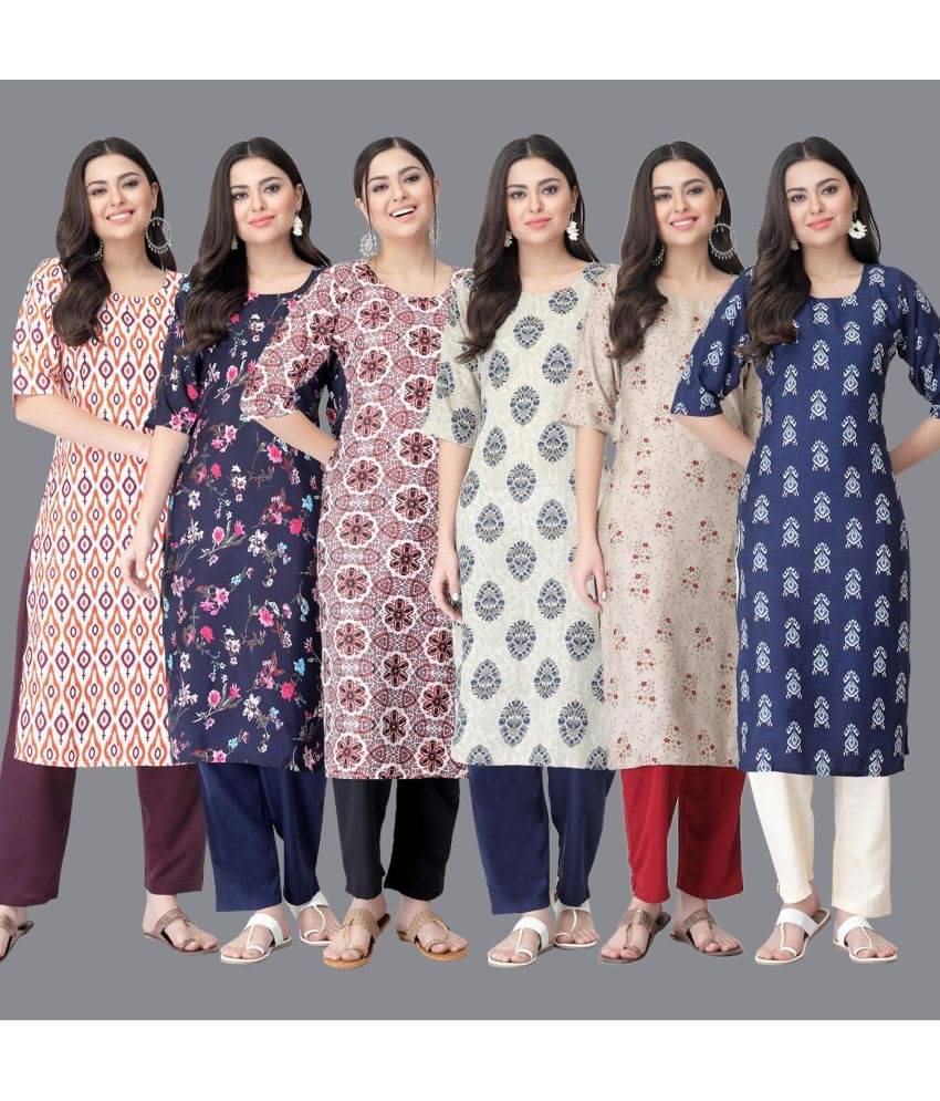 Ethnicbasket - Multicolor Crepe Women's Straight Kurti ( Pack of 6 ) Ethnicbasket - Multicolor Crepe Women's Straight Kurti ( Pack of 6 )