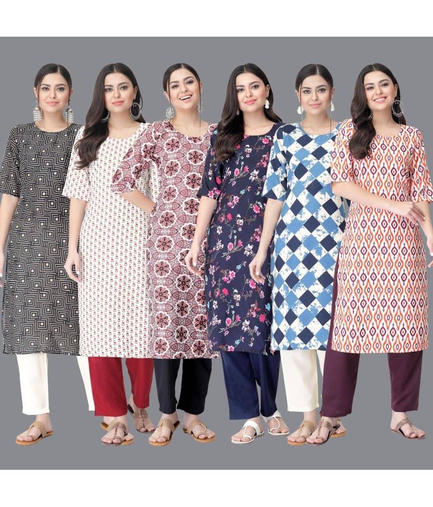 Ethnicbasket - Multicolor Crepe Women's Straight Kurti ( Pack of 6 ) Ethnicbasket - Multicolor Crepe Women's Straight Kurti ( Pack of 6 )
