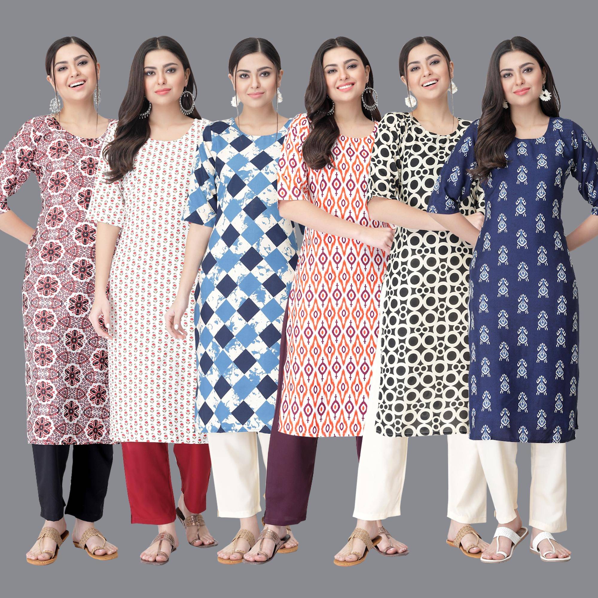 Ethnicbasket - Multicolor Crepe Women's Straight Kurti ( Pack of 6 ) Ethnicbasket - Multicolor Crepe Women's Straight Kurti ( Pack of 6 )