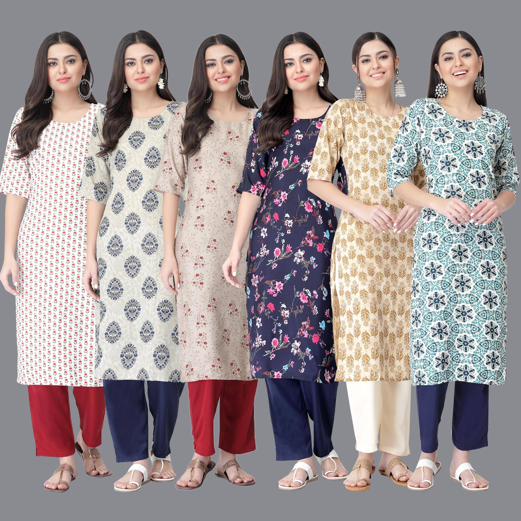 Ethnicbasket - Multicolor Crepe Women's Straight Kurti ( Pack of 6 ) Ethnicbasket - Multicolor Crepe Women's Straight Kurti ( Pack of 6 )