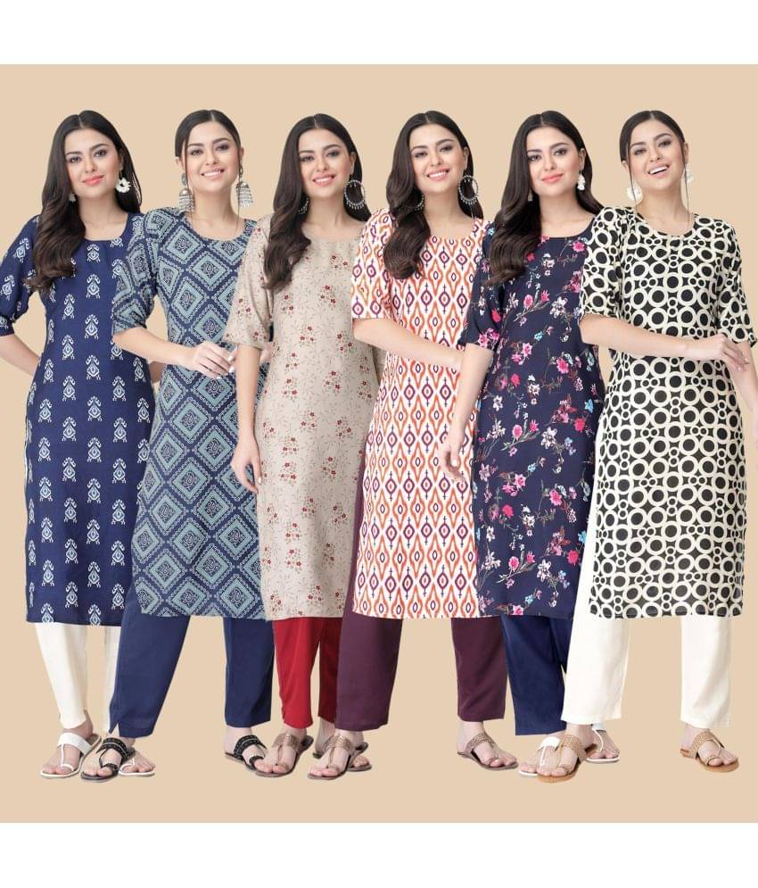 1 Stop Fashion - Multicolor Crepe Women's Straight Kurti ( Pack of 6 ) 1 Stop Fashion - Multicolor Crepe Women's Straight Kurti ( Pack of 6 )