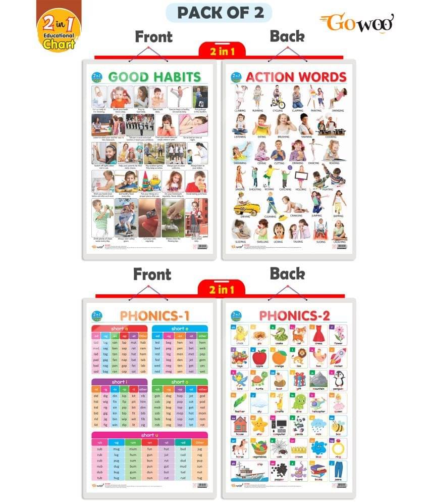 Set of 2 |2 IN 1 GOOD HABITS AND ACTION WORDS AND 2 IN 1 PHONICS 1 AND PHONICS 2 Early Learning Educational Charts for Kids| 20"X30" inch |Non-Tearable and Waterproof| Double Sided Laminated | Perfect for Homeschooling, Kindergarten and Nursery Students Set of 2 |2 IN 1 GOOD HABITS AND ACTION WORDS AND 2 IN 1 PHONICS 1 AND PHONICS 2 Early Learning Educational Charts for Kids| 20"X30" inch |Non-Tearable and Waterproof| Double Sided Laminated | Perfect for Homeschooling, Kindergarten and Nursery Students
