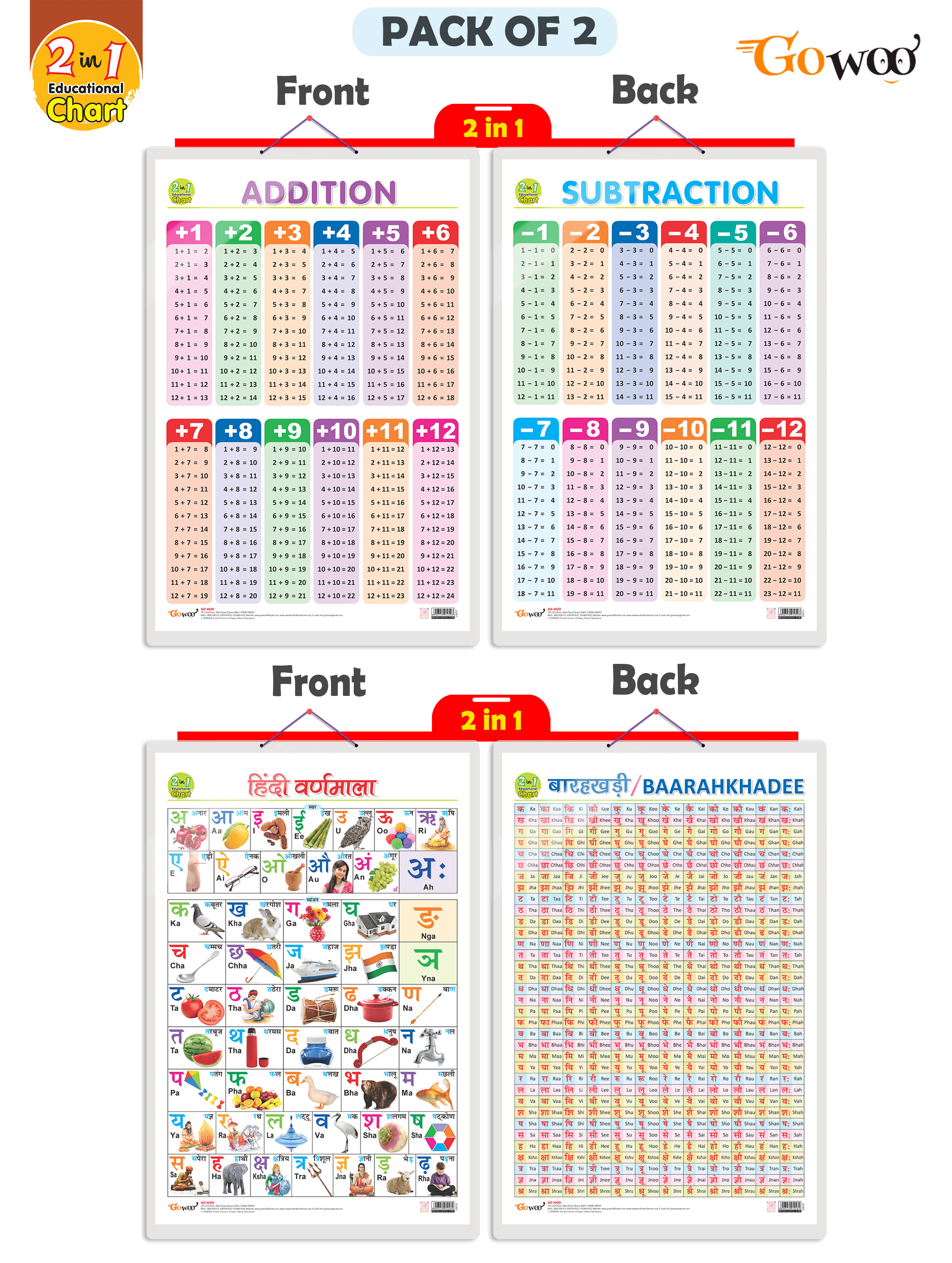     			Set of 2 |2 IN 1 ADDITION AND SUBTRACTION and 2 IN 1 HINDI VARNMALA AND BAARAHKHADEE Early Learning Educational Charts for Kids|
