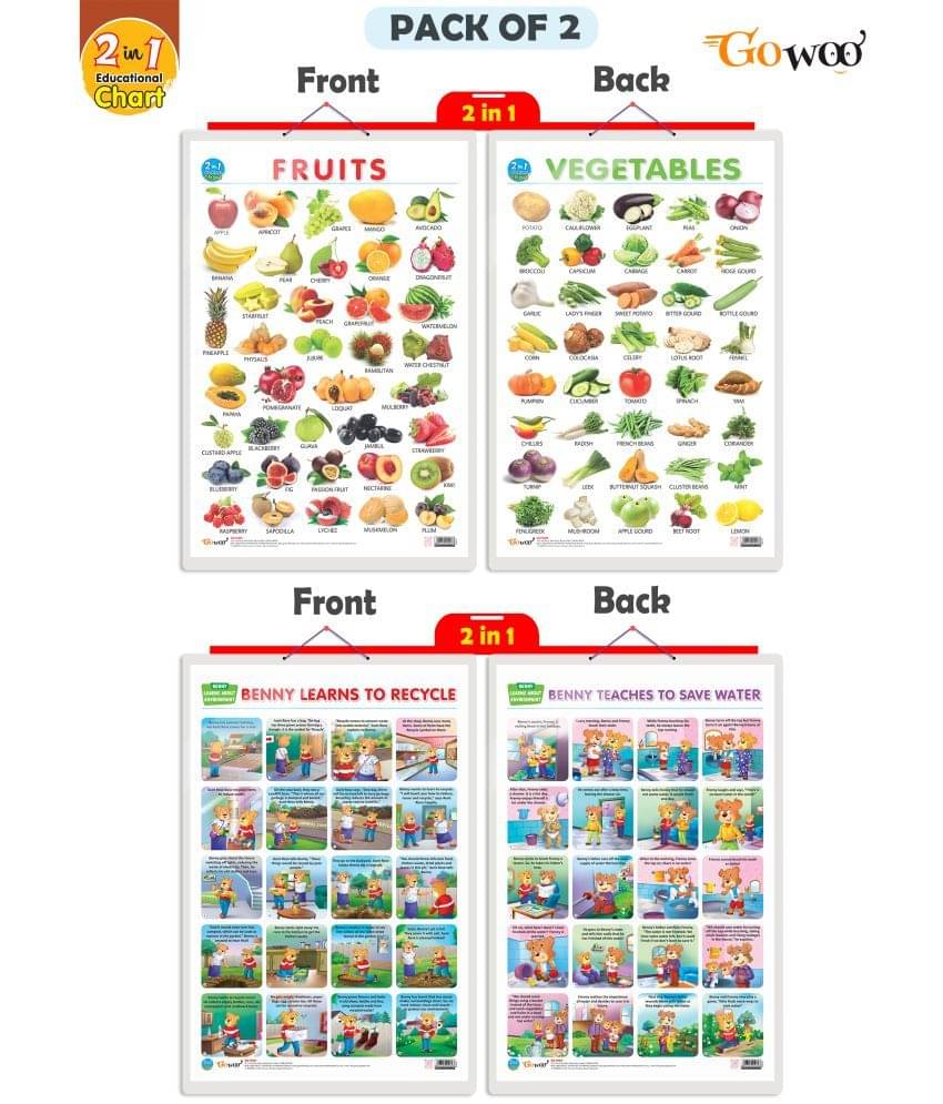 Set of 2 |2 IN 1 FRUITS AND VEGETABLES and 2 IN 1 BENNY LEARNS TO RECYCLE AND BENNY TEACHES TO SAVE WATER Early Learning Educational Charts for Kids Set of 2 |2 IN 1 FRUITS AND VEGETABLES and 2 IN 1 BENNY LEARNS TO RECYCLE AND BENNY TEACHES TO SAVE WATER Early Learning Educational Charts for Kids