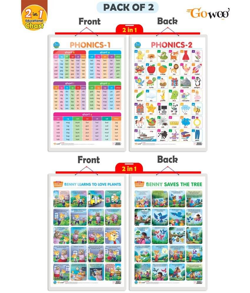 Set of 2 |2 IN 1 PHONICS 1 AND PHONICS 2 and 2 IN 1 BENNY LEARNS TO LOVE PLANTS AND BENNY SAVES THE TREE Early Learning Educational Charts for Kids | Set of 2 |2 IN 1 PHONICS 1 AND PHONICS 2 and 2 IN 1 BENNY LEARNS TO LOVE PLANTS AND BENNY SAVES THE TREE Early Learning Educational Charts for Kids |