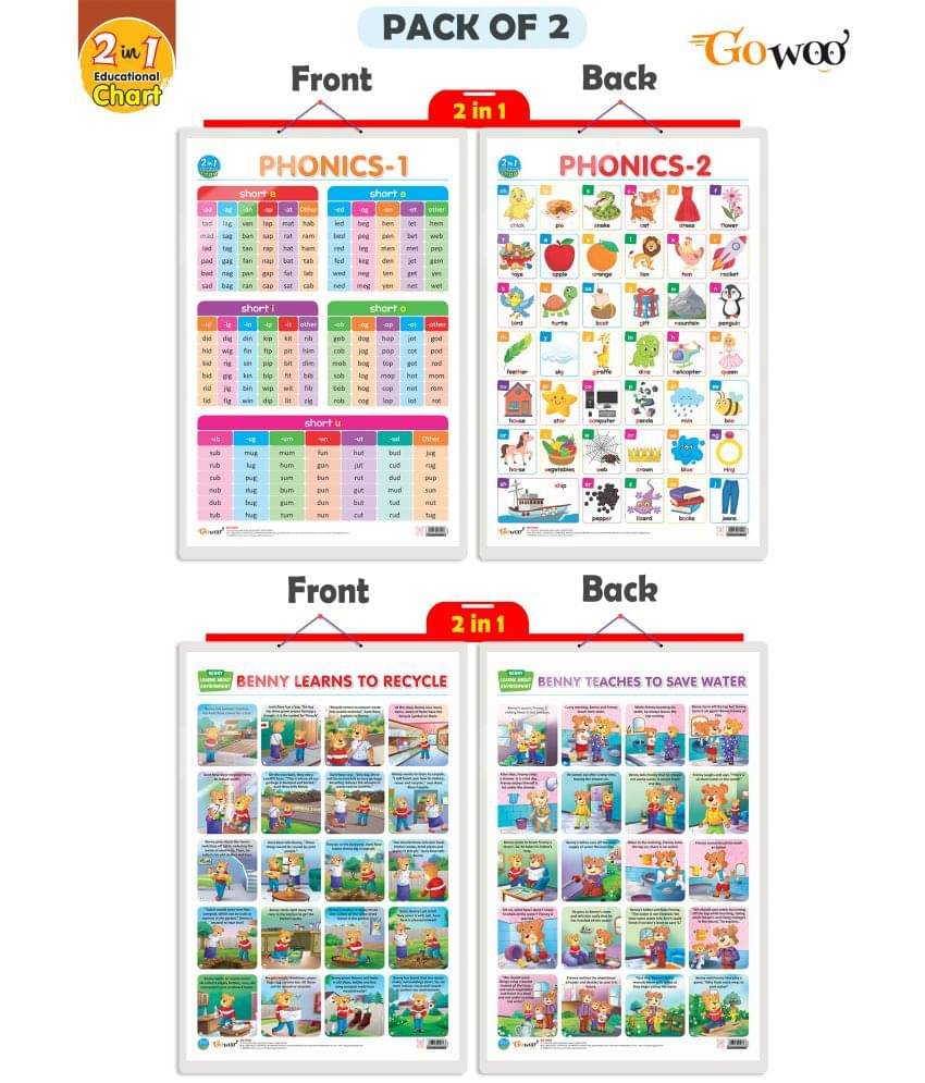 Set of 2 |2 IN 1 PHONICS 1 AND PHONICS 2 and 2 IN 1 BENNY LEARNS TO RECYCLE AND BENNY TEACHES TO SAVE WATER Early Learning Educational Charts for Kids | Set of 2 |2 IN 1 PHONICS 1 AND PHONICS 2 and 2 IN 1 BENNY LEARNS TO RECYCLE AND BENNY TEACHES TO SAVE WATER Early Learning Educational Charts for Kids |