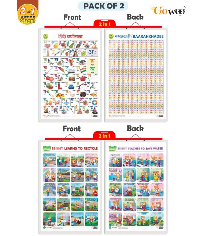 Set of 2 |2 IN 1 HINDI VARNMALA AND BAARAHKHADEE and 2 IN 1 BENNY LEARNS TO RECYCLE AND BENNY TEACHES TO SAVE WATER Early Learning Educational Charts for Kids | Set of 2 |2 IN 1 HINDI VARNMALA AND BAARAHKHADEE and 2 IN 1 BENNY LEARNS TO RECYCLE AND BENNY TEACHES TO SAVE WATER Early Learning Educational Charts for Kids |