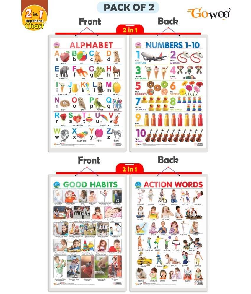 Set of 2 | 2 IN 1 ALPHABET AND NUMBER 1-10 and 2 IN 1 GOOD HABITS AND ACTION WORDS Early Learning Educational Charts for Kids Set of 2 | 2 IN 1 ALPHABET AND NUMBER 1-10 and 2 IN 1 GOOD HABITS AND ACTION WORDS Early Learning Educational Charts for Kids