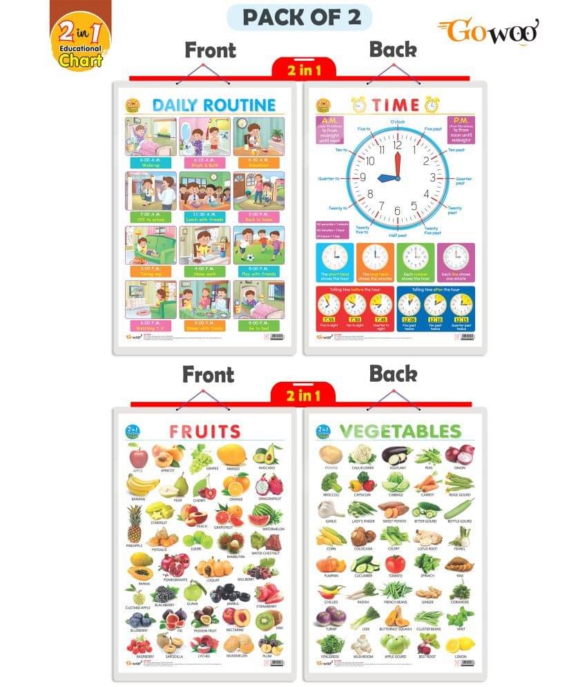 Set of 2 | 2 IN 1 DAILY ROUTINE AND TIME & 2 IN 1 FRUITS AND VEGETABLES Early Learning Educational Charts for Kids | 20"X30" inch |Non-Tearable and Waterproof | Double Sided Laminated | Perfect for Homeschooling, Kindergarten and Nursery Students Set of 2 | 2 IN 1 DAILY ROUTINE AND TIME & 2 IN 1 FRUITS AND VEGETABLES Early Learning Educational Charts for Kids | 20"X30" inch |Non-Tearable and Waterproof | Double Sided Laminated | Perfect for Homeschooling, Kindergarten and Nursery Students