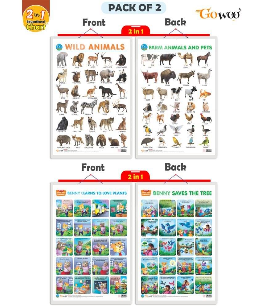 Set of 2 |2 IN 1 WILD AND FARM ANIMALS & PETS and 2 IN 1 BENNY LEARNS TO LOVE PLANTS AND BENNY SAVES THE TREE Early Learning Educational Charts for Kids| Set of 2 |2 IN 1 WILD AND FARM ANIMALS & PETS and 2 IN 1 BENNY LEARNS TO LOVE PLANTS AND BENNY SAVES THE TREE Early Learning Educational Charts for Kids|