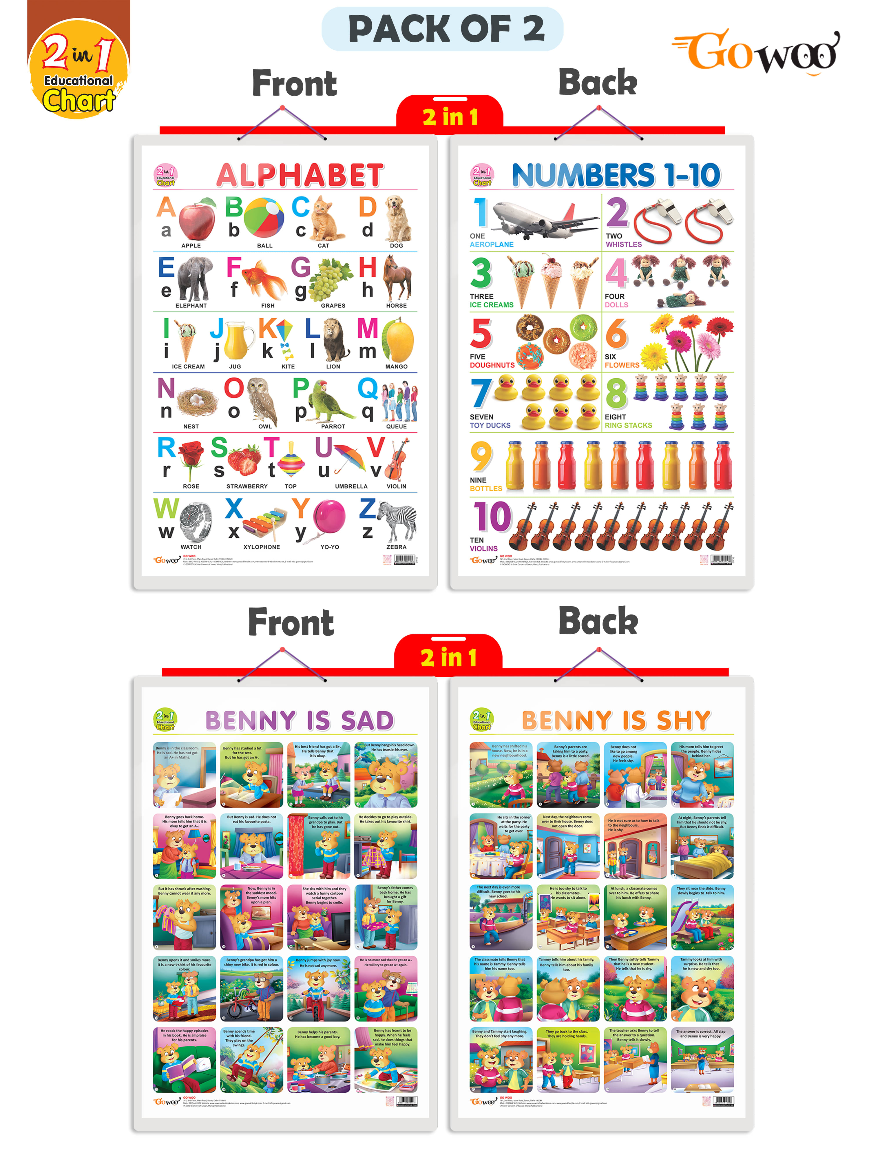 Set of 2 | 2 IN 1 ALPHABET AND NUMBER 1-10 and 2 IN 1 BENNY IS SAD AND BENNY IS SHY Early Learning Educational Charts for Kids Set of 2 | 2 IN 1 ALPHABET AND NUMBER 1-10 and 2 IN 1 BENNY IS SAD AND BENNY IS SHY Early Learning Educational Charts for Kids
