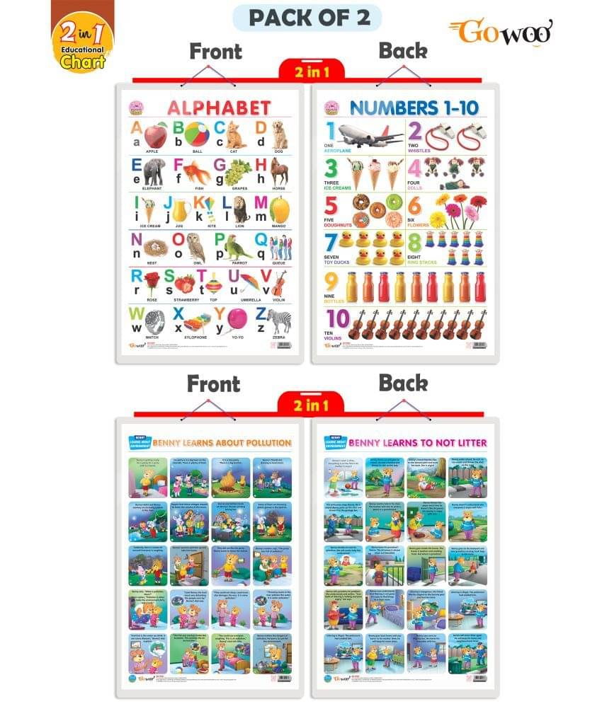 Set of 2 | 2 IN 1 ALPHABET AND NUMBER 1-10 and 2 IN 1 BENNY LEARNS ABOUT POLLUTION AND BENNY LEARNS NOT TO LITTER Early Learning Educational Charts for Kids Set of 2 | 2 IN 1 ALPHABET AND NUMBER 1-10 and 2 IN 1 BENNY LEARNS ABOUT POLLUTION AND BENNY LEARNS NOT TO LITTER Early Learning Educational Charts for Kids