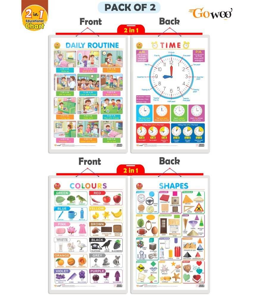 Set of 2 | 2 IN 1 DAILY ROUTINE AND TIME & 2 IN 1 COLOURS AND SHAPES Early Learning Educational Charts for Kids | 20"X30" inch |Non-Tearable and Waterproof | Double Sided Laminated | Perfect for Homeschooling, Kindergarten and Nursery Students Set of 2 | 2 IN 1 DAILY ROUTINE AND TIME & 2 IN 1 COLOURS AND SHAPES Early Learning Educational Charts for Kids | 20"X30" inch |Non-Tearable and Waterproof | Double Sided Laminated | Perfect for Homeschooling, Kindergarten and Nursery Students