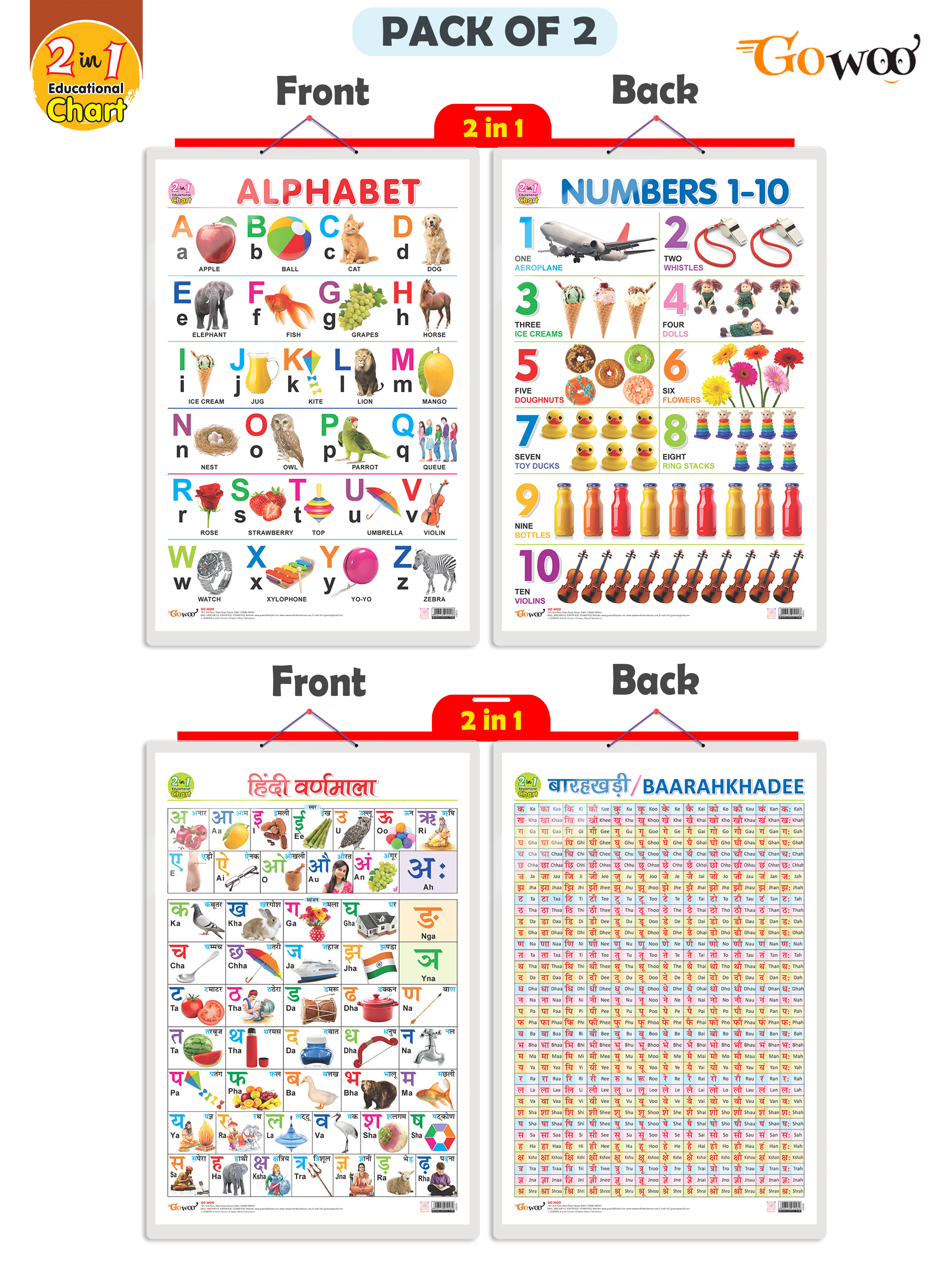     			Set of 2 | 2 IN 1 ALPHABET AND NUMBER 1-10 and 2 IN 1 HINDI VARNMALA AND BAARAHKHADEE Early Learning Educational Charts for Kids