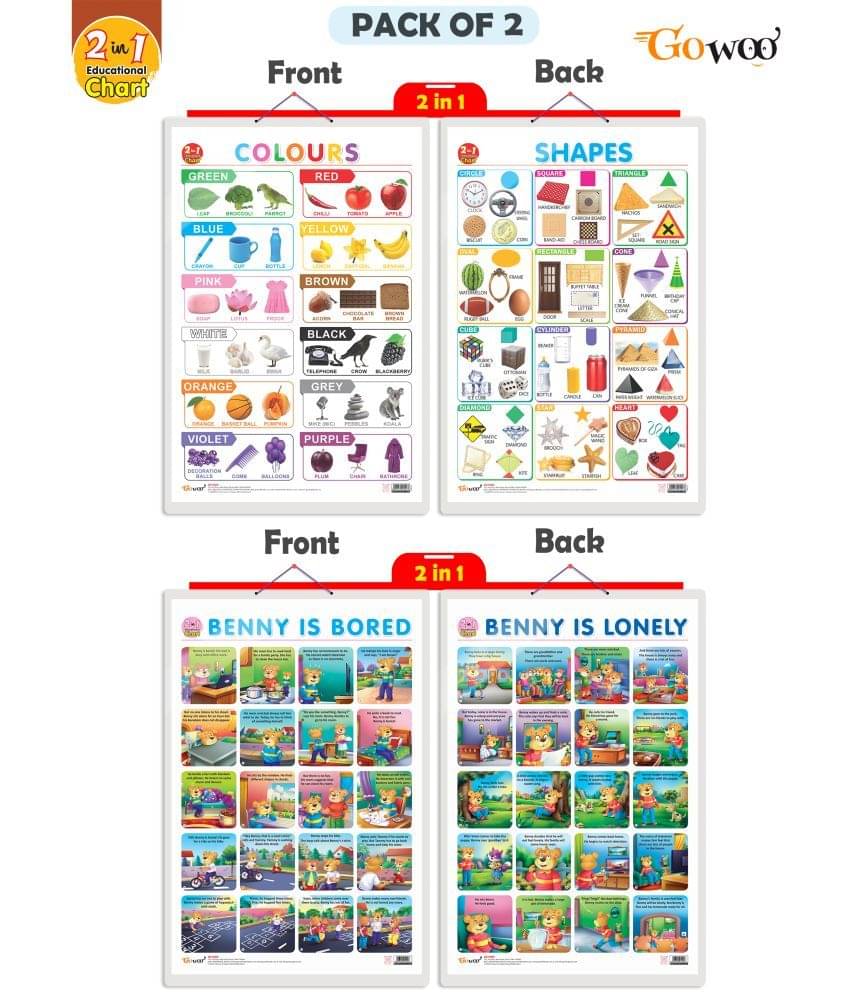 Set of 2 | 2 IN 1 COLOURS AND SHAPES and 2 IN 1 BENNY IS BORED AND BENNY IS LONELY Early Learning Educational Charts for Kids Set of 2 | 2 IN 1 COLOURS AND SHAPES and 2 IN 1 BENNY IS BORED AND BENNY IS LONELY Early Learning Educational Charts for Kids
