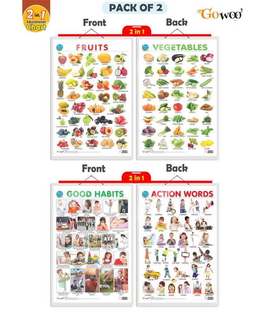Set of 2 | 2 IN 1 FRUITS AND VEGETABLES and 2 IN 1 GOOD HABITS AND ACTION WORDS Early Learning Educational Charts for Kids | 20"X30" inch |Non-Tearable and Waterproof | Double Sided Laminated | Perfect for Homeschooling, Kindergarten and Nursery Students Set of 2 | 2 IN 1 FRUITS AND VEGETABLES and 2 IN 1 GOOD HABITS AND ACTION WORDS Early Learning Educational Charts for Kids | 20"X30" inch |Non-Tearable and Waterproof | Double Sided Laminated | Perfect for Homeschooling, Kindergarten and Nursery Students