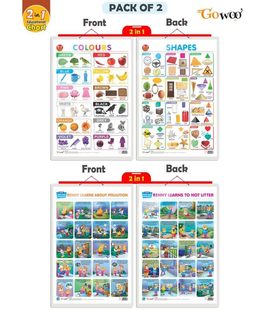 Set of 2 | 2 IN 1 COLOURS AND SHAPES and 2 IN 1 BENNY LEARNS ABOUT POLLUTION AND BENNY LEARNS NOT TO LITTER Early Learning Educational Charts for Kids Set of 2 | 2 IN 1 COLOURS AND SHAPES and 2 IN 1 BENNY LEARNS ABOUT POLLUTION AND BENNY LEARNS NOT TO LITTER Early Learning Educational Charts for Kids