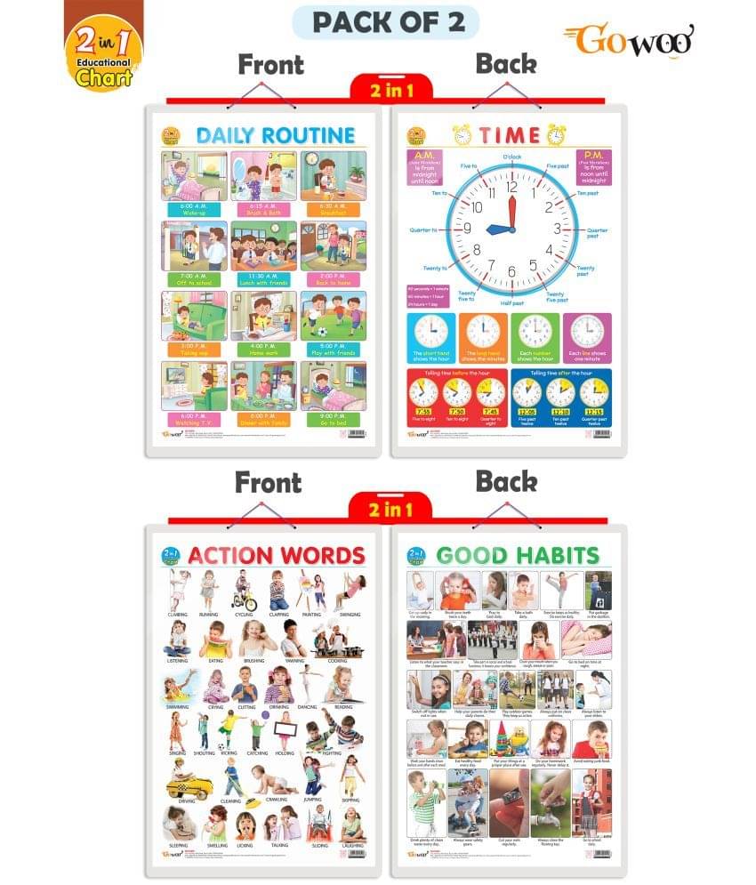 Set of 2 | 2 IN 1 DAILY ROUTINE AND TIME and 2 IN 1 GOOD HABITS AND ACTION WORDS Early Learning Educational Charts for Kids | 20"X30" inch |Non-Tearable and Waterproof | Double Sided Laminated | Perfect for Homeschooling, Kindergarten and Nursery Students Set of 2 | 2 IN 1 DAILY ROUTINE AND TIME and 2 IN 1 GOOD HABITS AND ACTION WORDS Early Learning Educational Charts for Kids | 20"X30" inch |Non-Tearable and Waterproof | Double Sided Laminated | Perfect for Homeschooling, Kindergarten and Nursery Students