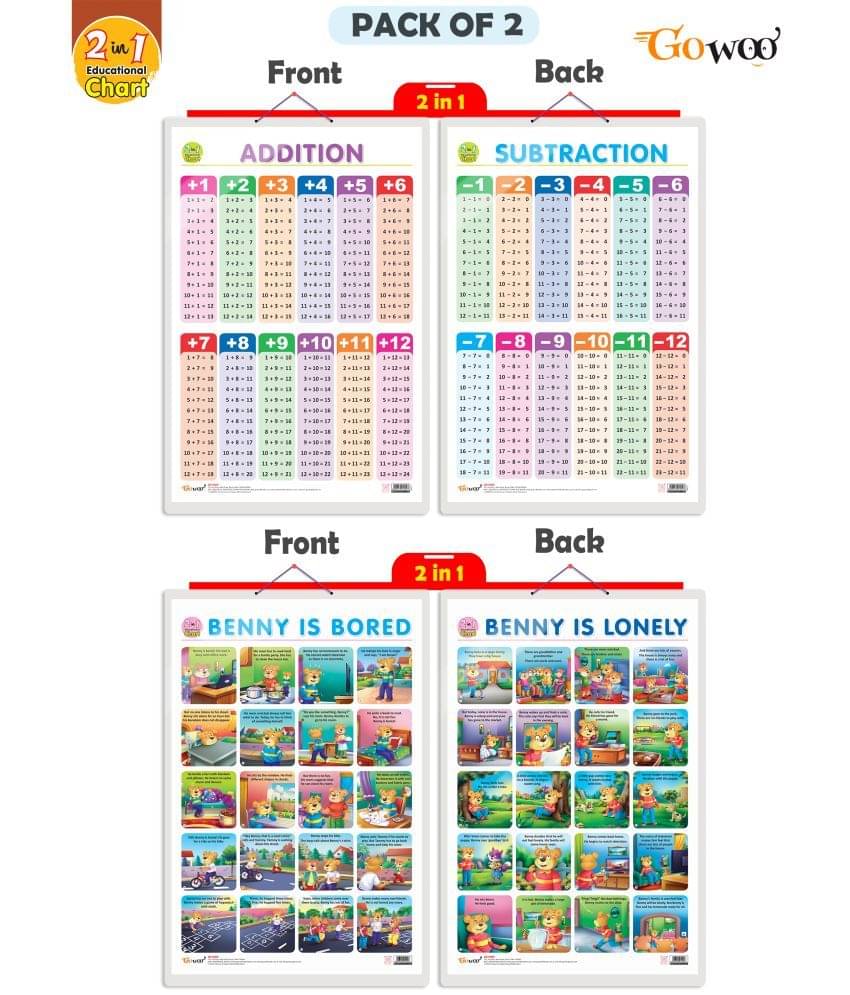 Set of 2 |2 IN 1 ADDITION AND SUBTRACTION and 2 IN 1 BENNY IS BORED AND BENNY IS LONELY Early Learning Educational Charts for Kids| Set of 2 |2 IN 1 ADDITION AND SUBTRACTION and 2 IN 1 BENNY IS BORED AND BENNY IS LONELY Early Learning Educational Charts for Kids|